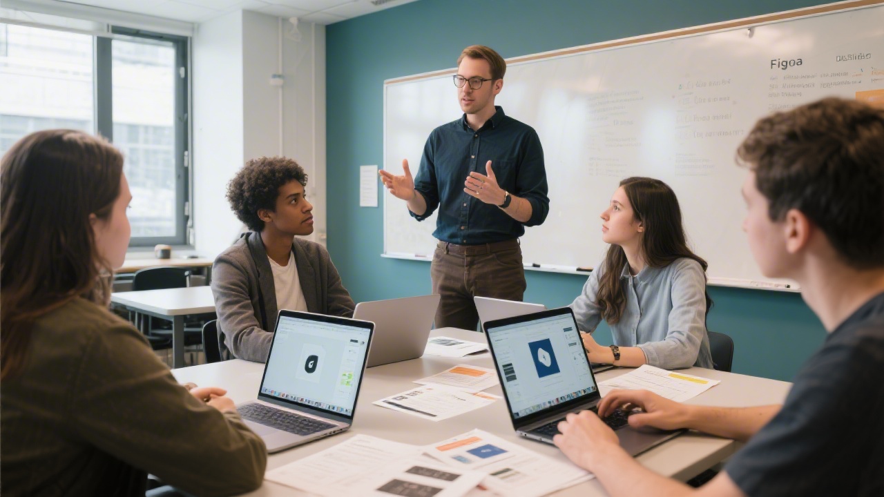Instructor guiding a small group of designers during a classroom session, with laptops open to Figma files and printed briefs laid out for discussion.