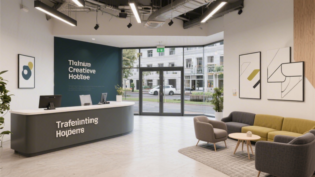 Entrance lobby of a modern Dublin creative hub with reception desk, clear signage, and seating area, suggesting a professional environment for training visitors.