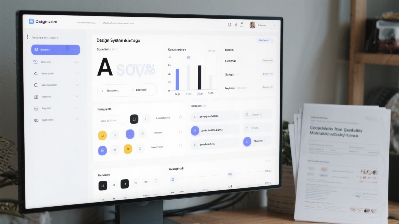 Design system documentation page with organized UI components, typography scales, and spacing tokens displayed on a large monitor, accompanied by printed component guidelines.
