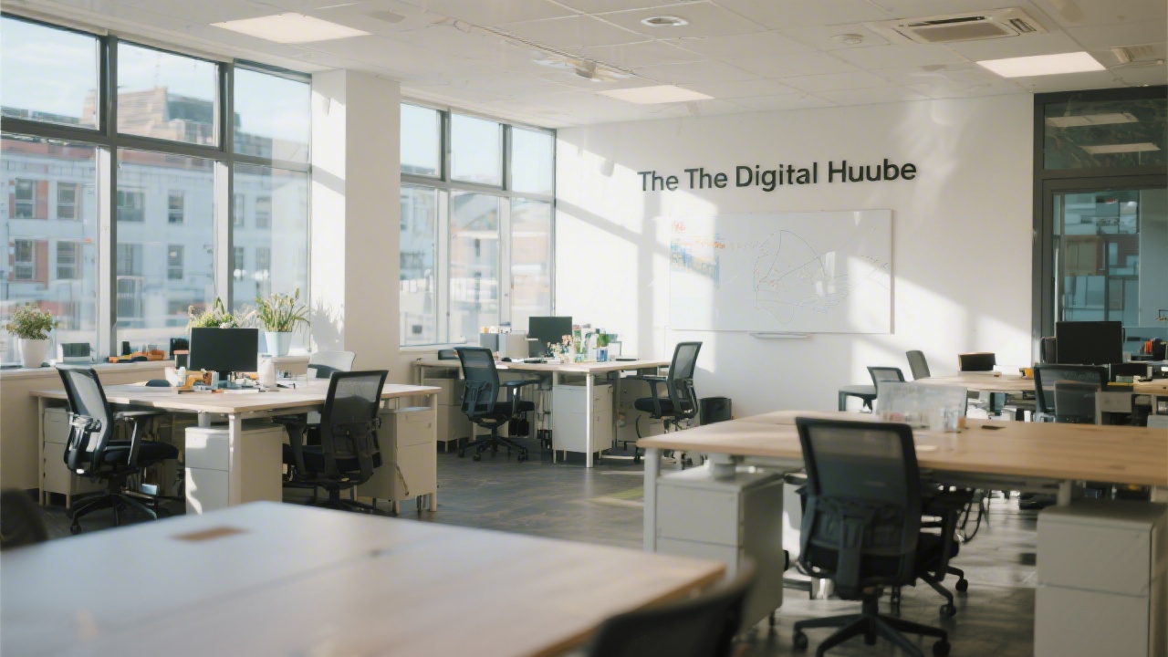 Modern workspace inside The Digital Hub in Dublin with natural light, shared tables, and a relaxed professional atmosphere suited for design learning sessions.