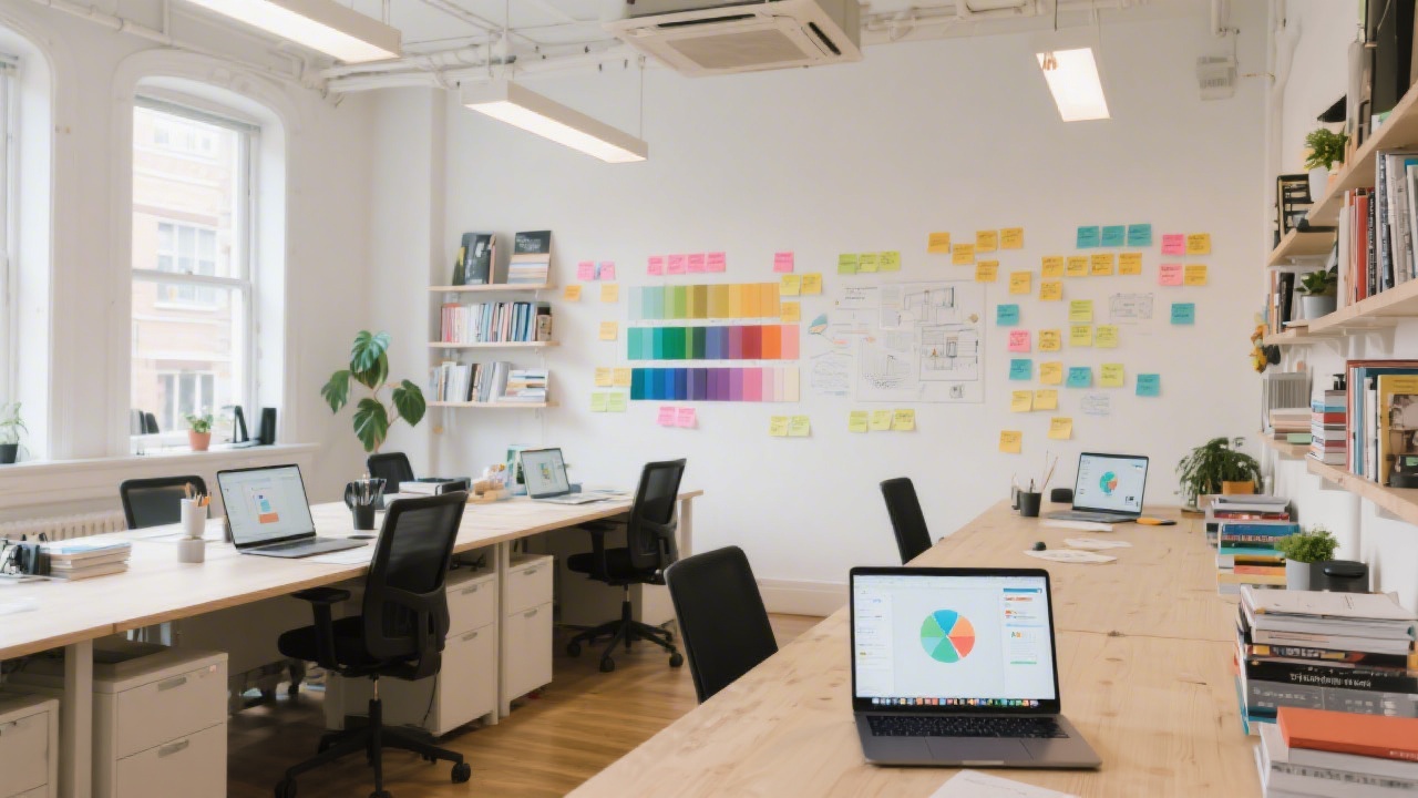Spacious Dublin design studio with large desks, laptops showing Figma canvases, color reference books, and a wall of sticky notes indicating an active collaborative product design session.