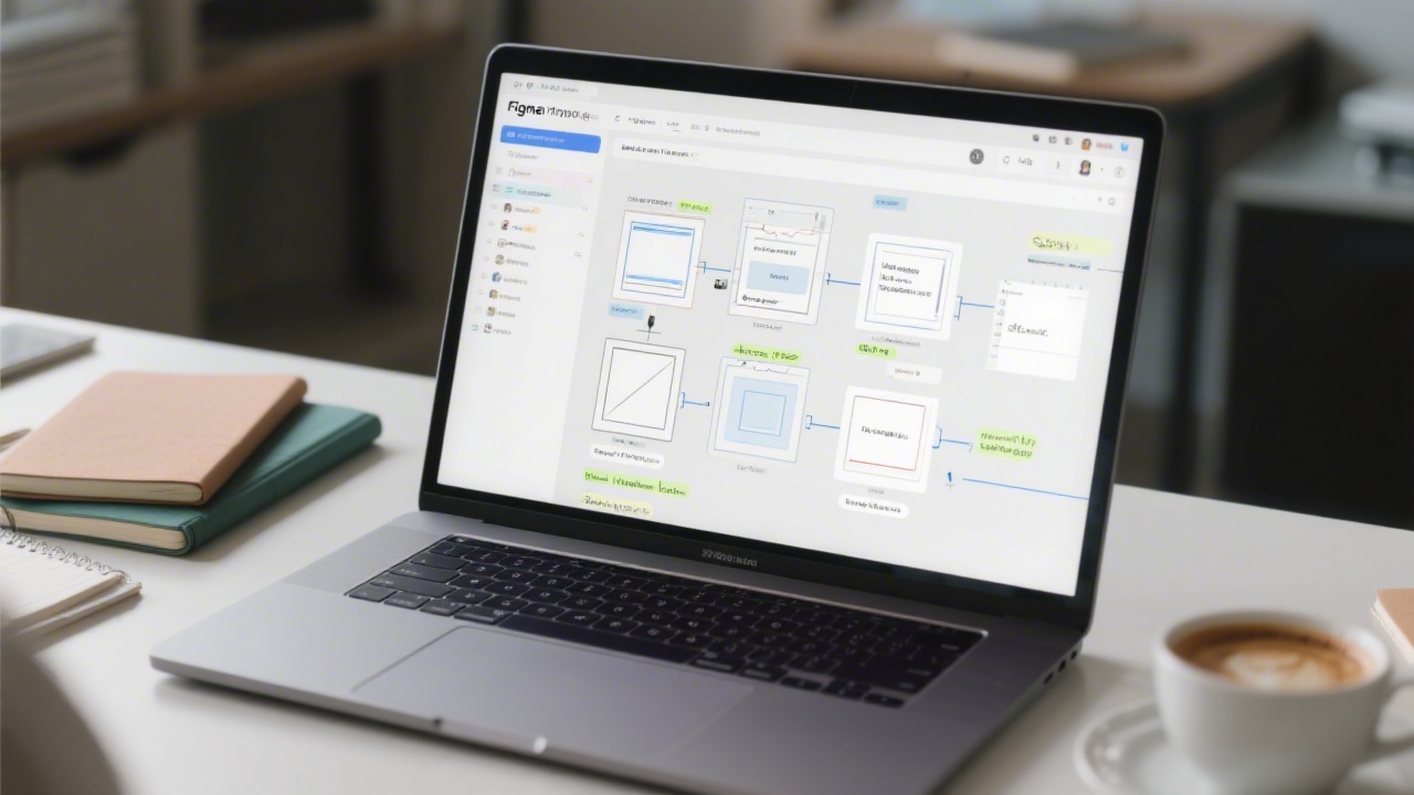 Close-up of a laptop screen showing a Figma prototype flow with multiple frames, connectors, and interaction notes, surrounded by notebooks and coffee on a modern desk.