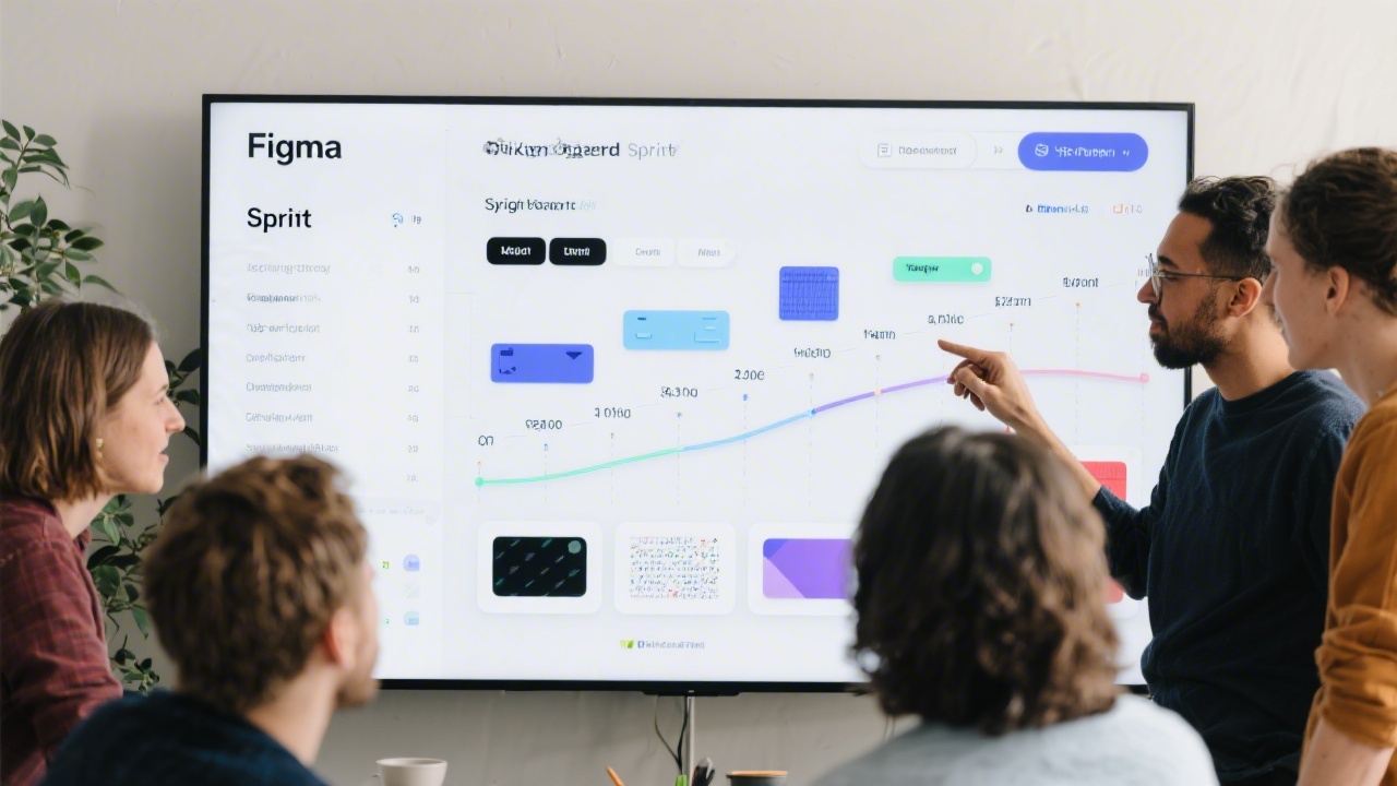 Design team gathered around a large screen reviewing a sprint board, with Figma components displayed and a timeline indicating milestones for a design system sprint.