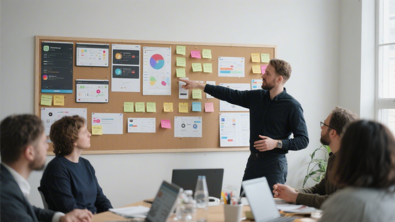 Facilitator pointing to a workflow board covered with UI screens and sticky notes, explaining a design process during a professional Figma workshop.